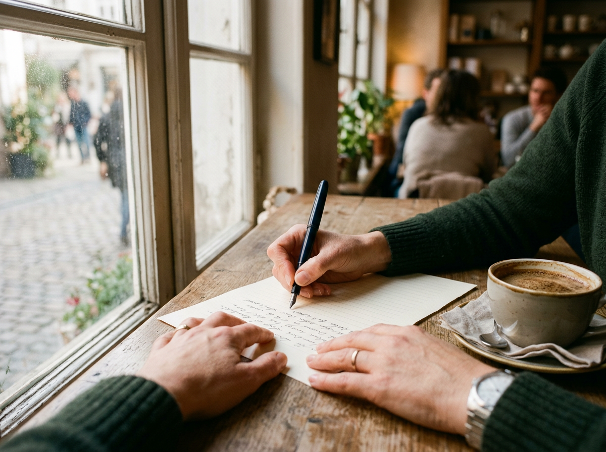 Des mains écrivent une lettre à la plume sur une table de café.