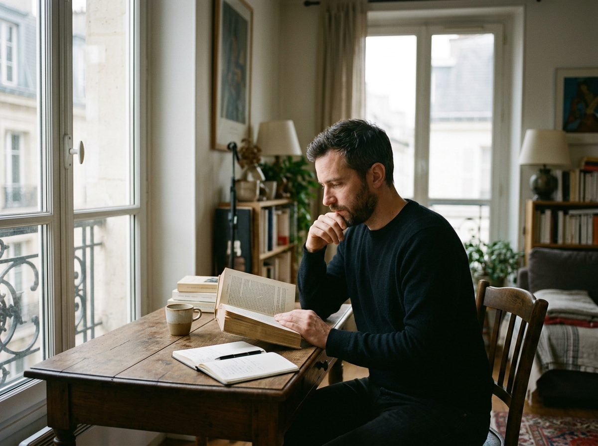 Un homme lit un livre ouvert à une table en bois, près d’une fenêtre.
