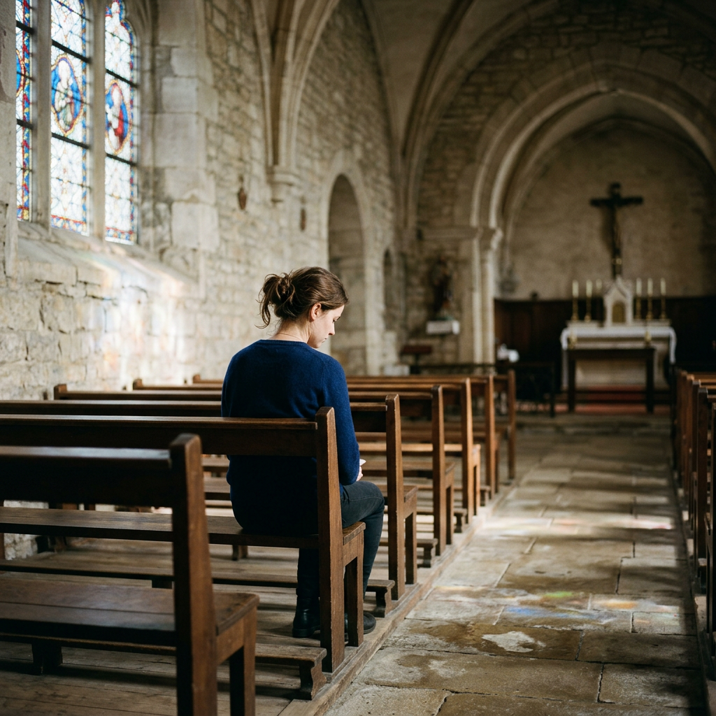 Une femme assise seule sur un banc dans une église de pierre.